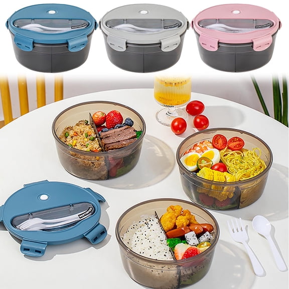 Microwave-Safe Round Bento Lunch Container | 3-Compartment Food Storage Box | Leakproof Silicone Seal | Spoon-Fork Set Included | Blue or Gray | 17.5x17.5x8.5cm | Compact Meal Organizer