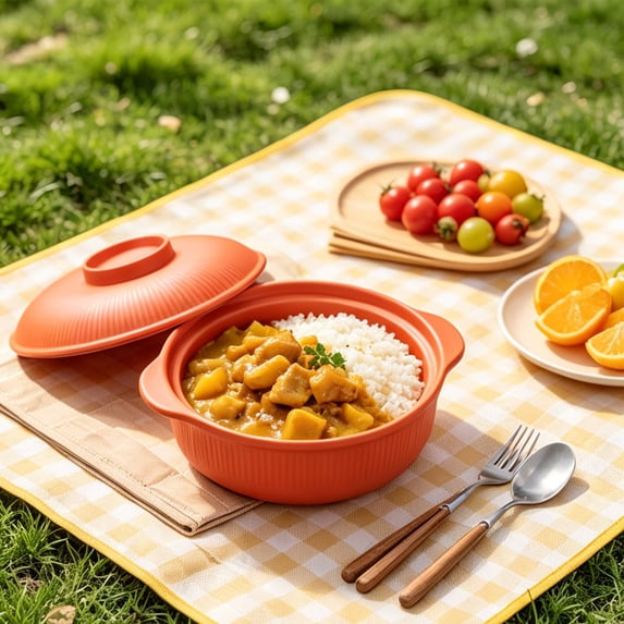 Microwave Safe Soup Bowl with Lid, Ribbed Plastic Serving Bowl with Handles, Household Kitchen Soup Bowl for Soup, Noodles, Salad, Rice Holding