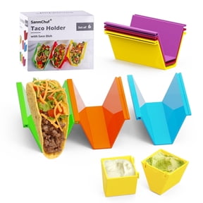 Microwave Safe Taco Holder Set of 6, Colorful Taco Holder Set 2 Sauce Cups, Connectable & Stackable Plastic Taco Stands, Microwave & Dishwasher Safe, Great for Family Meals & Taco Nights