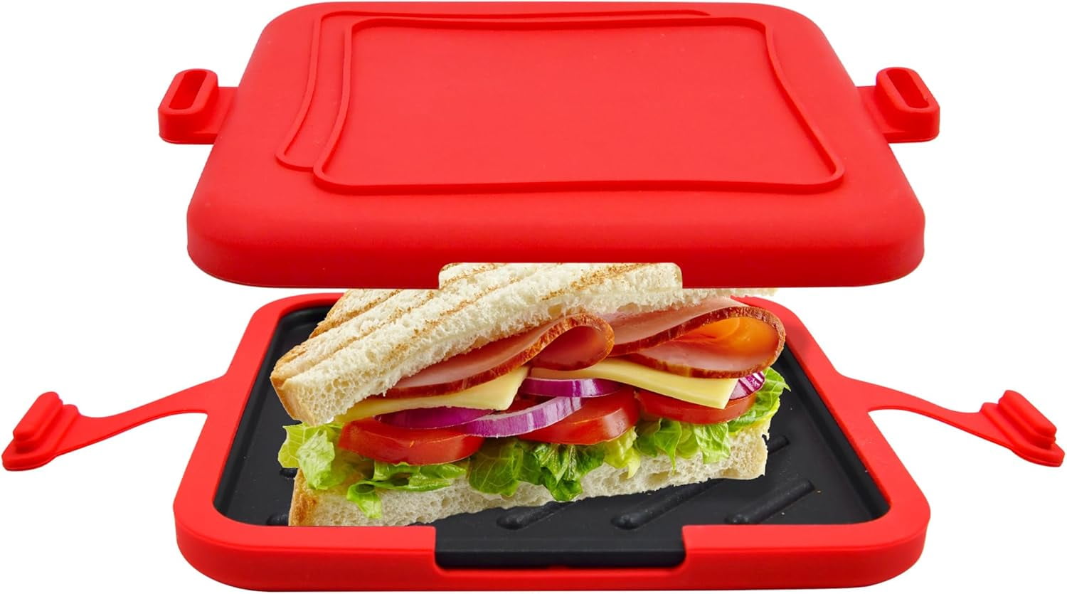 Microwave Sandwich Press Maker, Quick 2-Min Toastie, Panini, & Grilled Cheese Maker, No Power Cords, Wireless, Dishwasher Safe & Easy Clean, Red
