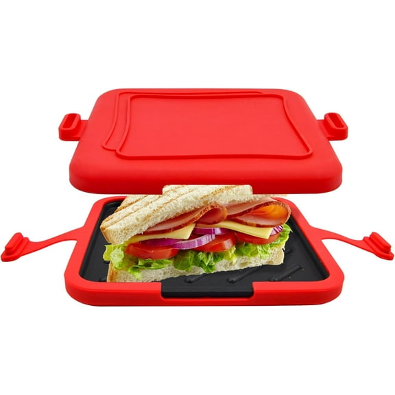Microwave Sandwich Press Maker, Quick 2-Min Toastie, Panini, & Grilled Cheese Maker, No Power Cords, Wireless, Dishwasher Safe & Easy Clean, Red