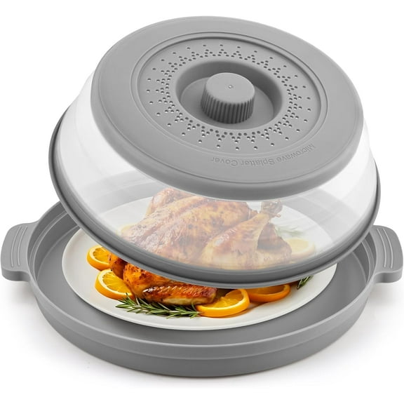 Microwave Splatter Cover for Food with Anti-scald Base Mat,Large Plastic & Silicone Vented Avoid Scalding Collapsible Guard Lid, Plate Holder & Kitchen Colander for Meal Prep-10.7 Inch (gray)