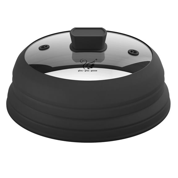 Microwave Splatter Cover Glass Cover Splatter Guard Lid with Collapsible Silicone for Food Pot Cover Plate Cover 11.8 inch with Anti-Scalding Gloves , Black