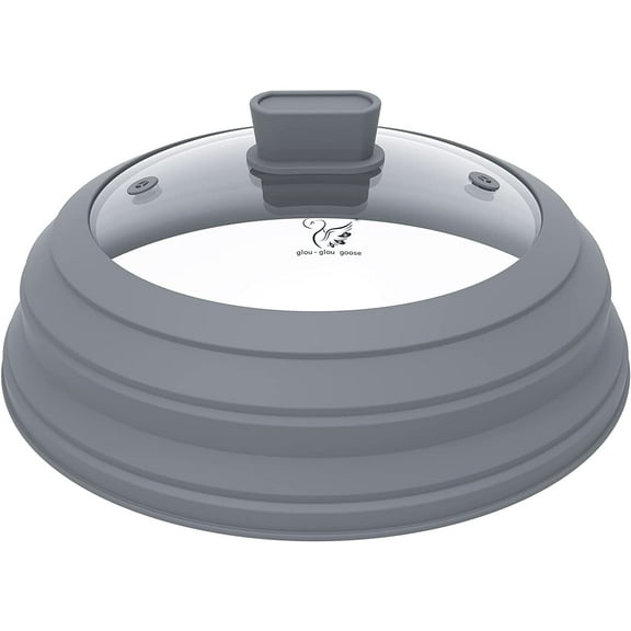 Microwave Splatter Cover Glass Cover Splatter Guard Lid with Collapsible Silicone for Food Pot Cover Plate Cover 11.8 inch, Gray