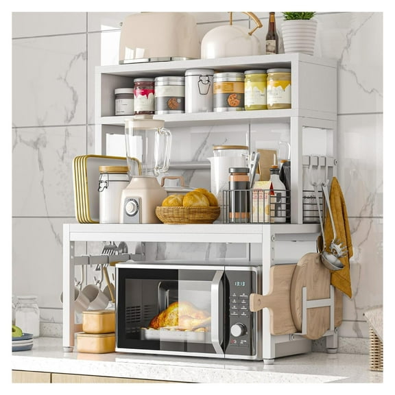 Microwave Stand, 205LBS Microwave Shelf, Adjustable Microwave Oven Rack Heavy Duty 4-Tier with 9 for Kitchen Counter Shelf, Microwave Stand with Storage and Cutting Boards Stand (White)