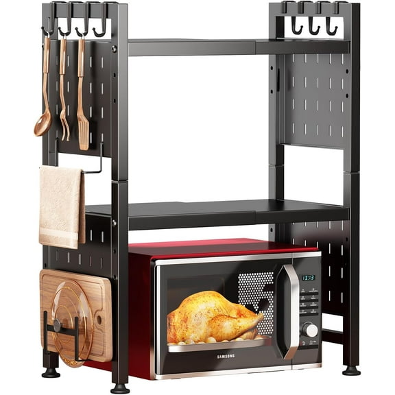 Microwave Stand, 3-Tier Expandable(17.4"- 27.4") Heavy Duty Adjustable Shelf Microwave Oven Rack, Kitchen Countertop Organizer and Storage with 9 Hooks & Cutting Board Holder, Holds up 180 lbs, Black