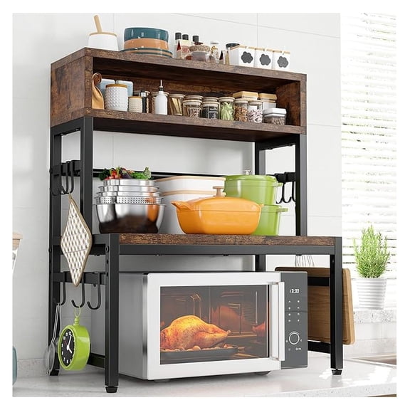 Microwave Stand 4 Tier - 205LBS Capacity Kitchen Shelf - Adjustable Oven Rack - Countertop Organizer - Brown