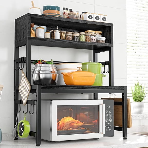 Microwave Stand, 4-Tier with 9 Hooks for Kitchen Countertop Organizer, 205LBS Microwave Shelf, Adjustable Kitchen Shelves Microwave Stand with Storage and Microwave Oven Rack (Brown)