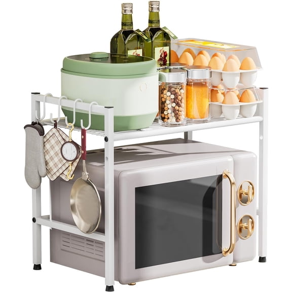 Microwave Stand Countertop, 2-Tier Adjustable Metal Oven Rack with 4 Hooks, Heavy Duty Carbon Steel Organizer Shelf for Microwave/Oven/Toaster, Kitchen Storage (White, 2-Tier)
