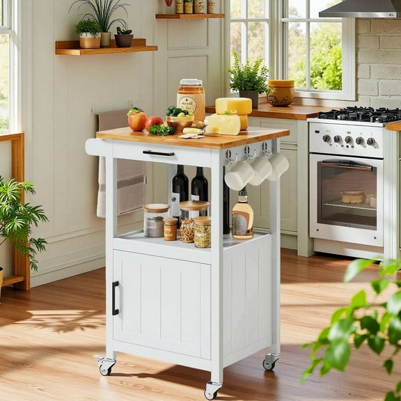 Microwave Stand, Lofka Kitchen Island Cart with Cabinet, Microwave Cart with Storage Drawer, Towel Rack, Hooks, White(Carrito de isla de cocina)