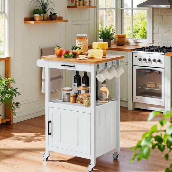 Microwave Stand, Lofka Kitchen Island Cart with Cabinet, Microwave Cart with Storage Drawer, Towel Rack, Hooks, White(Carrito de isla de cocina)
