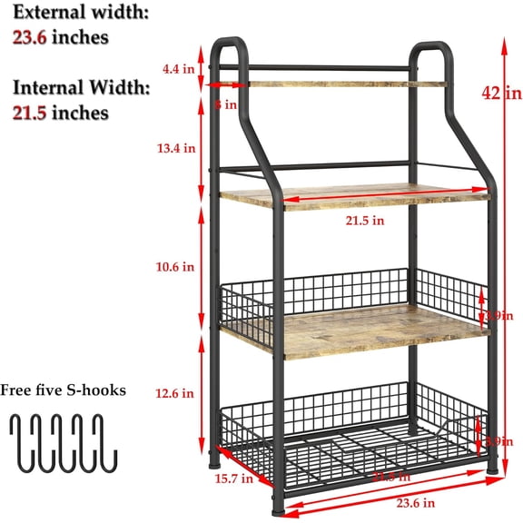 Microwave Stand with Storage 4-Tier, Bakers Racks for Kitchens, Coffee Bar Microwave Cart with Storage, Metal Bakers Rack with Storage, Coffee Cart with 5 S-Hooks