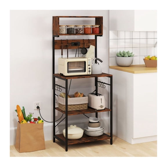 Microwave Stand with Power Strip 60 Inch Tall, Kitchen Baker Rack with Open Shelves & 10 Hooks, Rustic Brown