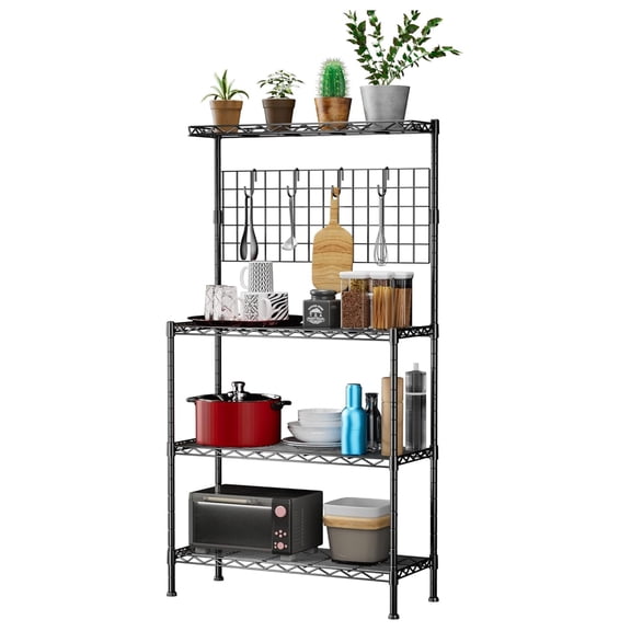Microwave Stand with Storage, 4 Tier Kitchen Bakers Rack - 30"W x 59"H Black Metal Utility Shelf - Adjustable Top Shelves for Kitchen, Coffee Bar