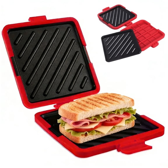 Microwave Toastie Sandwich Maker, Quick Grill Pan with Metal Tray, Non-Stick Silicone, Compact Size 6.6 x 6.3 x 1.2 in, Easy to Clean, No Preheating Required, Red