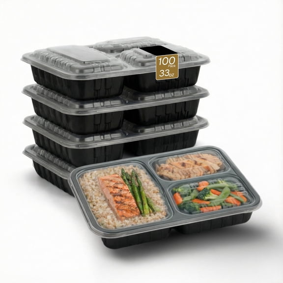 Microwaveable Compartmental Container (Rectangular-Shallow) with Lid 3-compartment, 33oz, 150-Pack