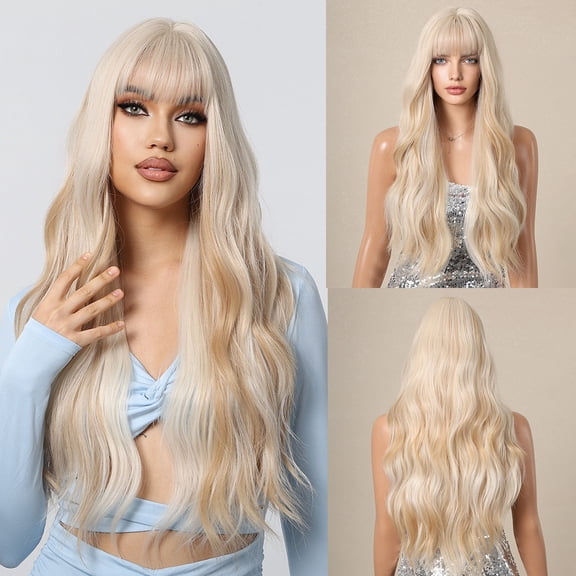 Mictong 26 inch straight bangs long curly hair wig, synthetic straight bangs wig, naturally fluffy long wavy wig, soft high temperature silk straight bangs wig, 1 piece, white gold color