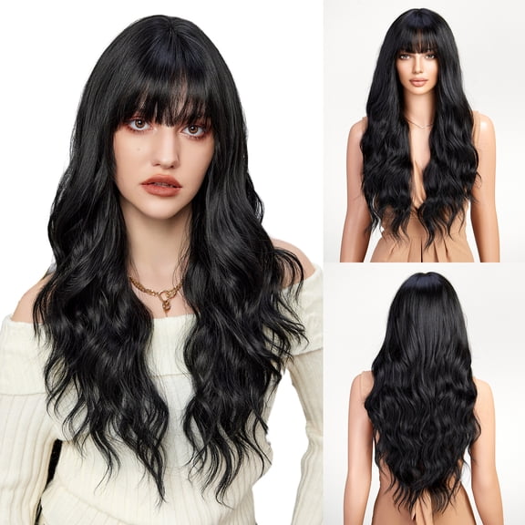 Mictong 26 inch straight bangs long curly hair wig, synthetic straight bangs wig, naturally fluffy long wavy wig, soft high temperature silk straight bangs wig, 1 piece, black