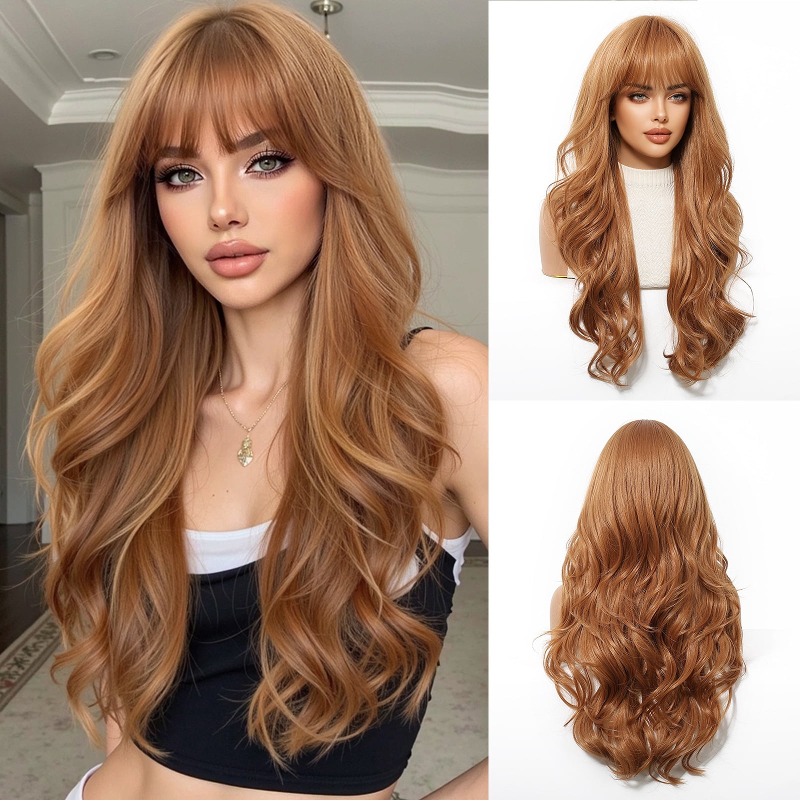 Mictong 26 inch straight bangs long curly hair wig, synthetic straight bangs wig, naturally fluffy long wavy wig, soft high temperature silk straight bangs wig, 1 piece, Orange