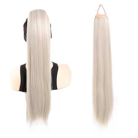 Mictong 27.56-Inch Ponytail Extension Braid, Elastic Tie Straight Braid, Heat-Resistant And Washable Synthetic Hair Piece, Clip Free And Easy To Wear Wig Ponytail, Light Silver