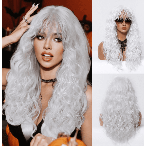 Mictong 28 inch long curly bangs wig, natural fluffy wavy wig, fashionable and cute bangs wig, soft high-temperature silk bangs wig, suitable for cosplay, 1 piece, white