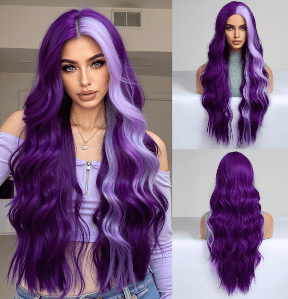 Mictong 28 inch long curly wig, natural fluffy big wave wig, fashionable and cute long curly wig, soft high-temperature silk curly wig, suitable for cosplay, 1 piece, Dark purple