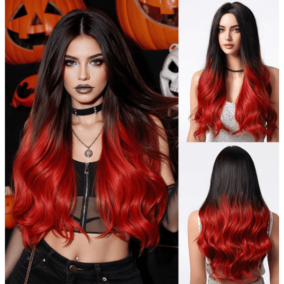 Mictong 28 inch long curly wig, natural fluffy big wave wig, fashionable and cute long curly wig, soft high-temperature silk curly wig, suitable for cosplay, 1 piece, Black and red