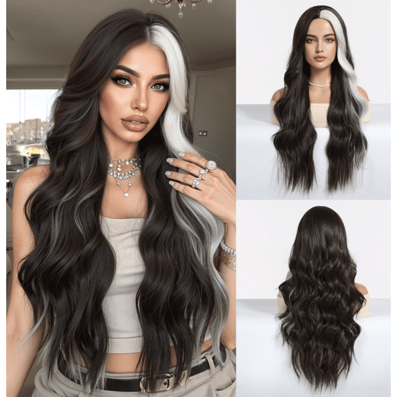 Mictong 28 inch long curly wig, natural fluffy big wave wig, fashionable and cute long curly wig, soft high-temperature silk curly wig, suitable for cosplay, 1 piece, Black and white