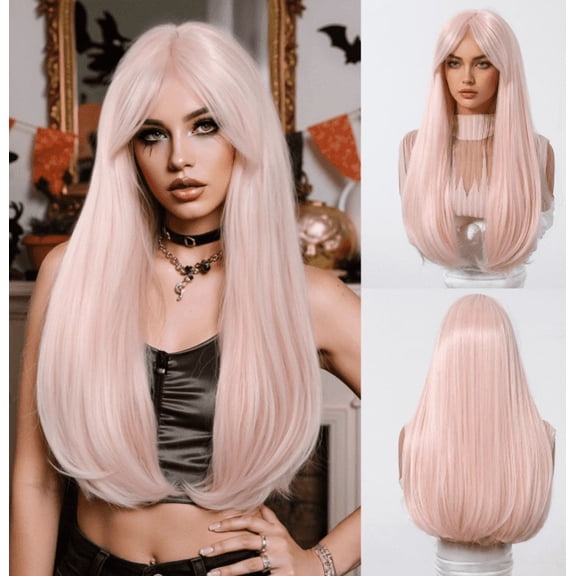 Mictong 28 inch long straight wig, natural fluffy long straight wig, fashionable and cute long straight wig, soft high-temperature silk straight wig, suitable for cosplay, 1 piece, pink