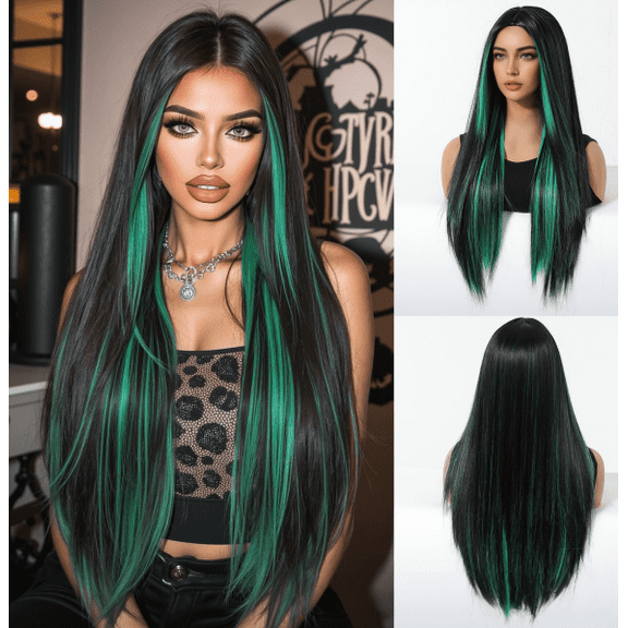 Mictong 28 inch long straight wig, natural fluffy long straight wig, fashionable long straight wig, soft high-temperature silk straight wig, suitable for cosplay, 1 piece, Black Forest Green