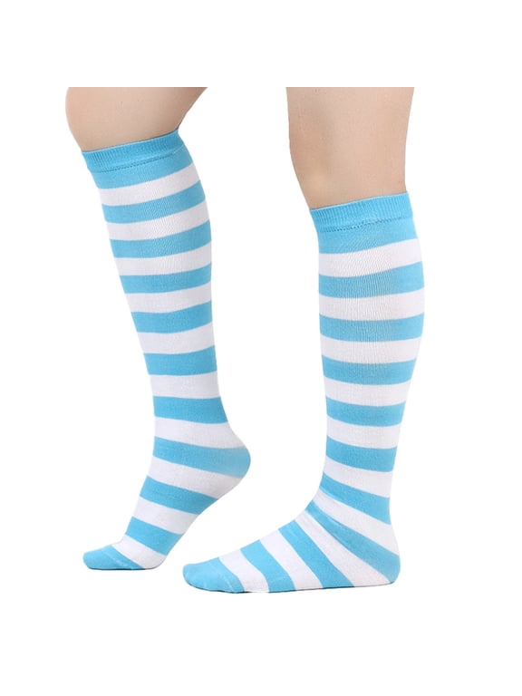 3 pairs of Light Blue & White one size wide striped socks and fashionable mid calf socks with colorful stripes, perfect for pairing with casual wear and daily wear
