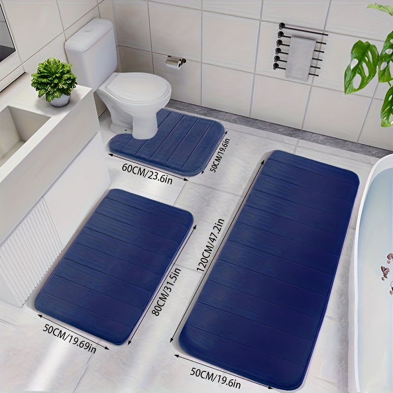 Mictong Bathroom Rug Set, Ultra Soft Memory Foam Bath Rugs with Non-Slip Backing, Absorbent Striped Bathroom Mat Set , Suitable For Bathroom Floor, 3-Piece Set, Dark blue