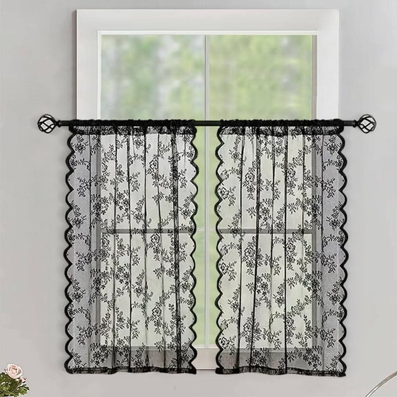 Mictong Black Lace Curtain 1 Piece 29.53X23.62 Inches, Pole Pocket Coffee Shop Short Curtain, Exquisite Rural Style Kitchen Small Window Decoration
