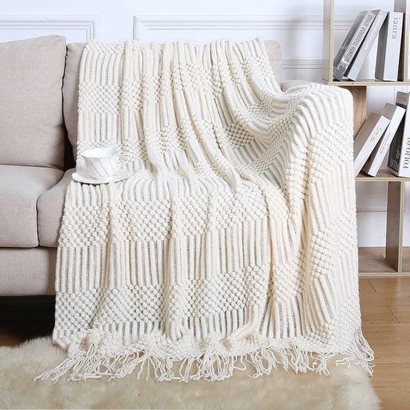 Mictong Bohemian Throw Blanket, 90.56x51.19 inches, Lightweight Fringed Throw Blanket, Soft Decorative Couch Blanket for Living Room, Bedroom, Office and Home Decoration, Style 4, off-white