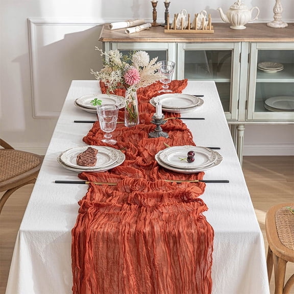 Mictong Bohemian style tablecloth, 35.44 * 118.12 inches pleated tablecloth, elegant and stylish decorative tablecloth, used for family dining, weddings and holidays, 1 piece, rust red