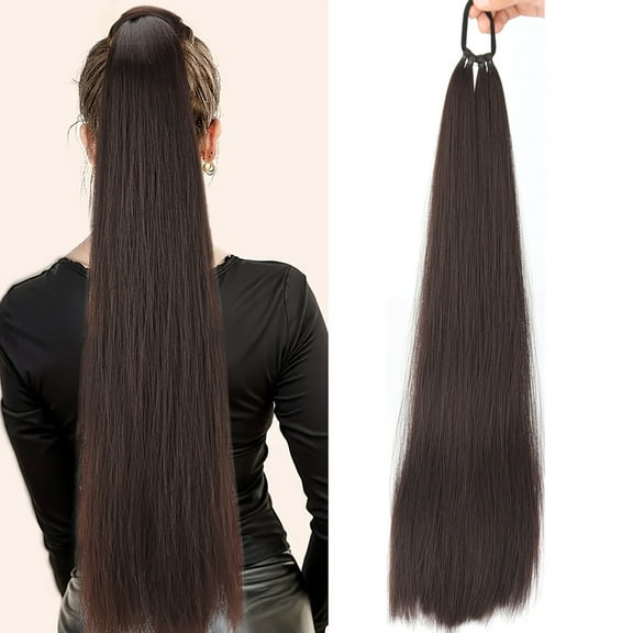 Mictong Dark Brown Straight Ponytail Wig 1 Piece, 23.62 Inches Long, Heat-Resistant Synthetic, Elastic Band Easy To Wrap Ponytail Extension, Suitable For Daily Wear