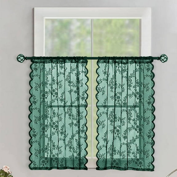 Mictong Green Lace Curtain 1 Piece 29.53X39.37 Inches, Pole Pocket Coffee Shop Short Curtain, Exquisite Rural Style Kitchen Small Window Decoration