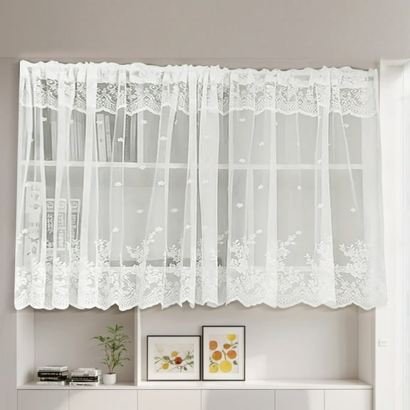 Mictong White Chiffon Curtains 2 Pieces 78.74X39.37 Inches, Pole Bag Coffee Shop Short Curtains, Exquisite Rural Style Kitchen Small Window Decoration