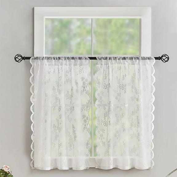 Mictong White Lace Curtain 1 Piece 29.53X23.62 Inches, Pole Pocket Coffee Shop Short Curtain, Exquisite Rural Style Kitchen Small Window Decoration