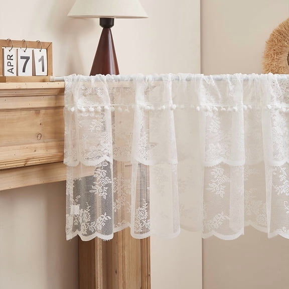 Mictong White Lace Curtain 1 Piece 90.55 * 17.72 Inches, Decorated With Pole Pockets And Wool Balls, Exquisite Rustic Style Cabinet Decoration Small Curtain