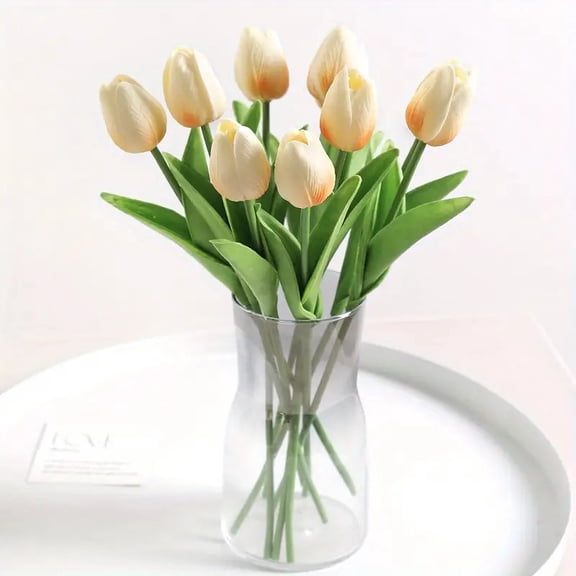 Mictong artificial tulips, 13.19 inch realistic and durable fake tulips, fake flowers suitable for indoor decoration, wedding party decoration, and dining table decoration, 6 pieces, champagne