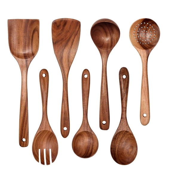 Mictong brown wooden kitchenware set, entry-level set for apartment and home kitchens, essential kitchen set for families, suitable for daily cooking and kitchen preparation, 7-piece set