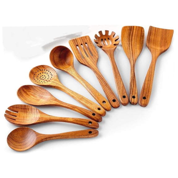 Mictong brown wooden kitchenware set, entry-level set for apartment and home kitchens, essential kitchen set for families, suitable for daily cooking and kitchen preparation, 9-piece set
