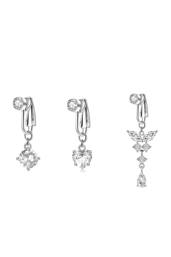 clip on non perforated stainless steel fake belly button ring, women's artificial belly button perforated, silver, 3 pieces