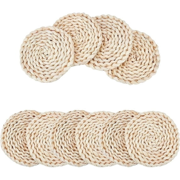 Mictong corn husk circular woven placemat, handmade insulation mat, handmade grass woven table mat, thick insulation mat tray mat, household heat-resistant pot mat, beige, 10 pieces