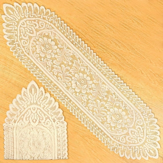 Mictong cotton crochet lace rectangular table mat, dining table and dressing table scarf decoration, beige 2-piece set
