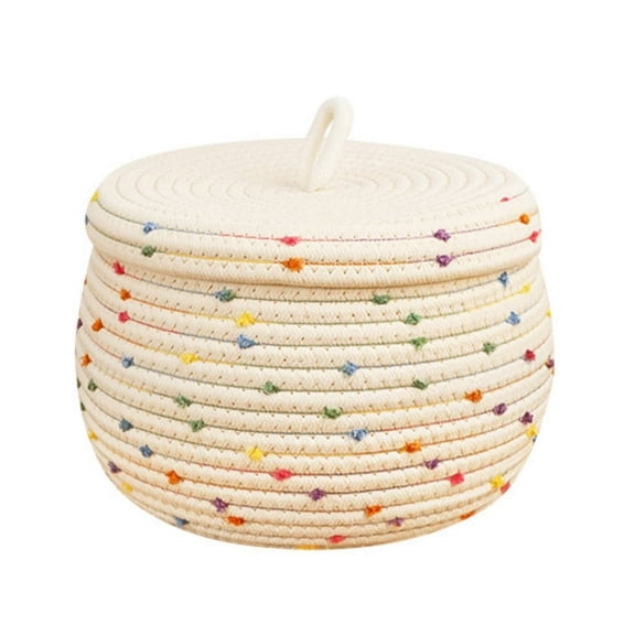 Mictong covered storage basket, round cotton rope basket, small decorative basket, cute colorful rainbow container woven storage box, beige, 1 piece