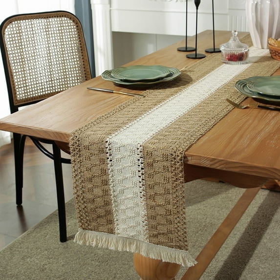 Mictong farmhouse tassel style table flag, Bohemian coarse linen cotton thread crochet table flag, party decoration long table flag, handmade cotton linen woven table flag, brown, 1 piece