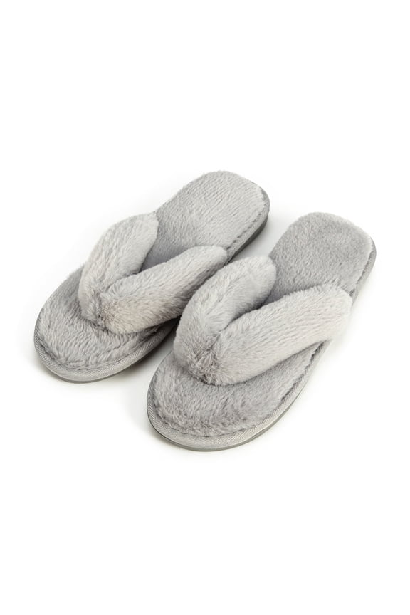 flip flops plush slippers, comfortable open toed home shoes, can be worn indoors and outdoors, furry slippers, Gray, 1 pair