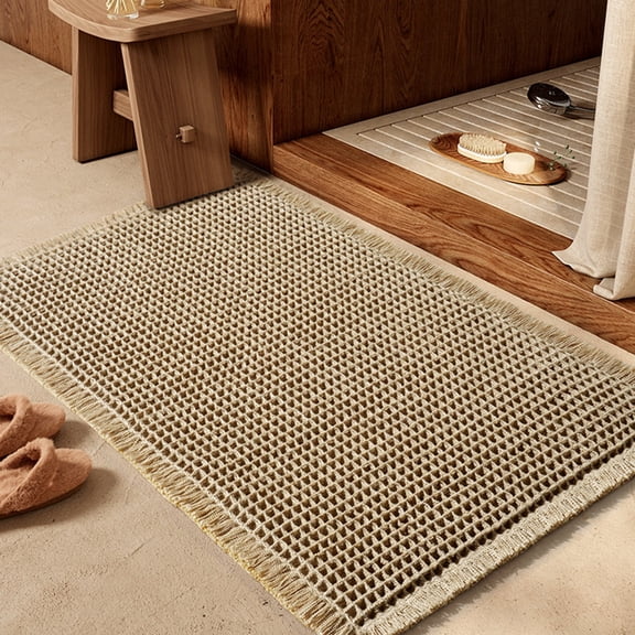 Mictong floor mat moisture absorbing waffle texture door mat tassel decoration anti slip double-layer high water absorption entrance carpet suitable for bathroom and kitchen, brown, 1 piece